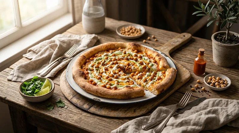 Buffalo Chickpea Pizza with White Garlic Sauce and Celery Ranch Dressing