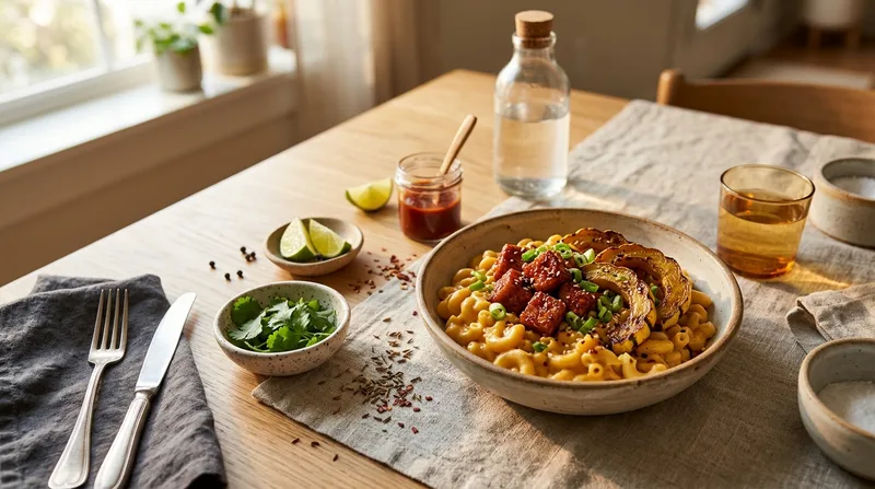 Double Tofu Gochujang Mac & Cheese with Roasted Delicata Squash