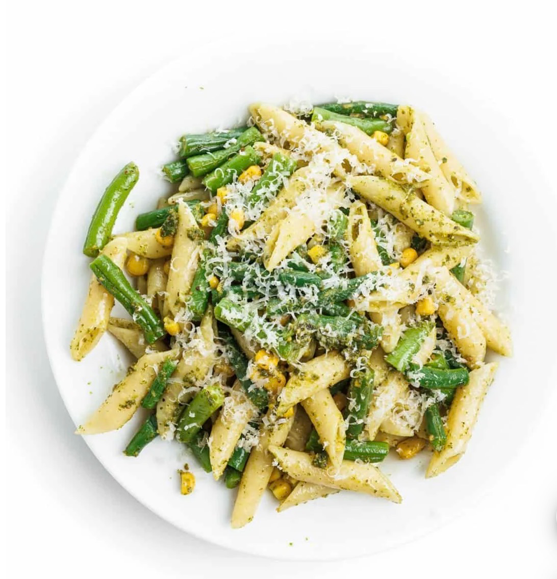 Pesto Pasta with Green Beans & Corn